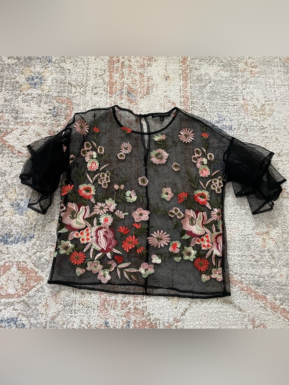Haute Monde Black Sheer Floral Embroidered Blouse